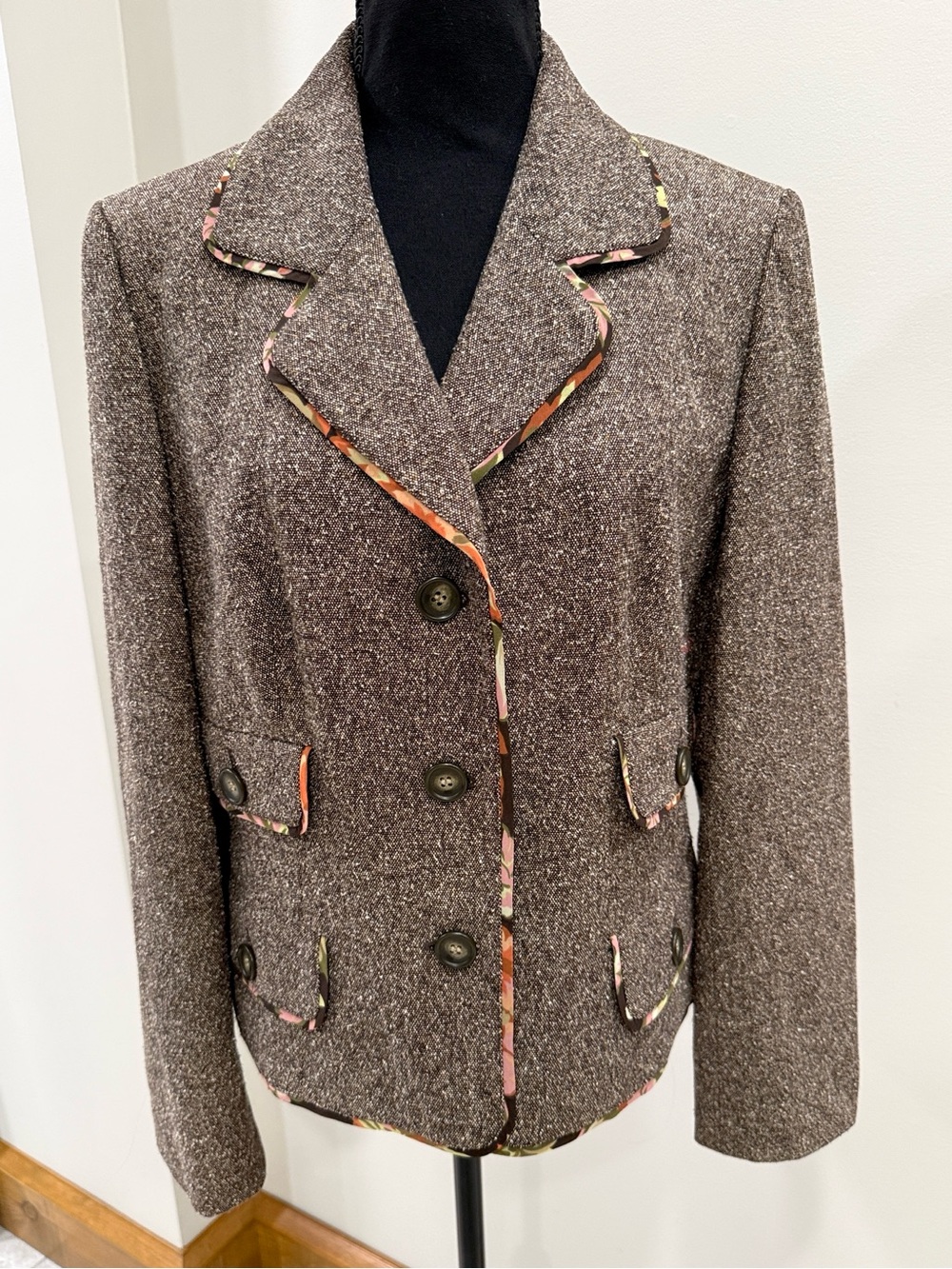 ANN TAYLOR LOFT NWOT BROWN TWEED JACKET FLORAL TRIMMED BLAZER JACKET SIZE 12